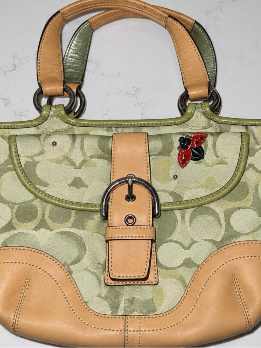 Coach Light Green Signature Satchel with Tan Leather Trim and Ladybug Accent